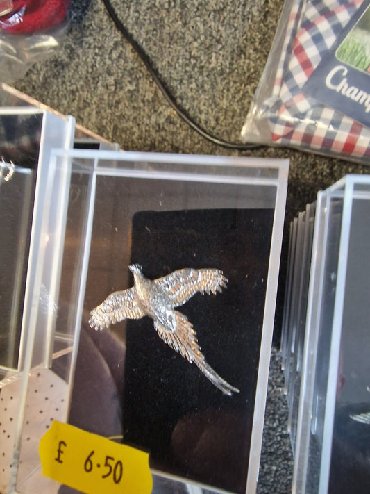 Bisley Hunting Gamekeeping Pewter silver pin badges in case