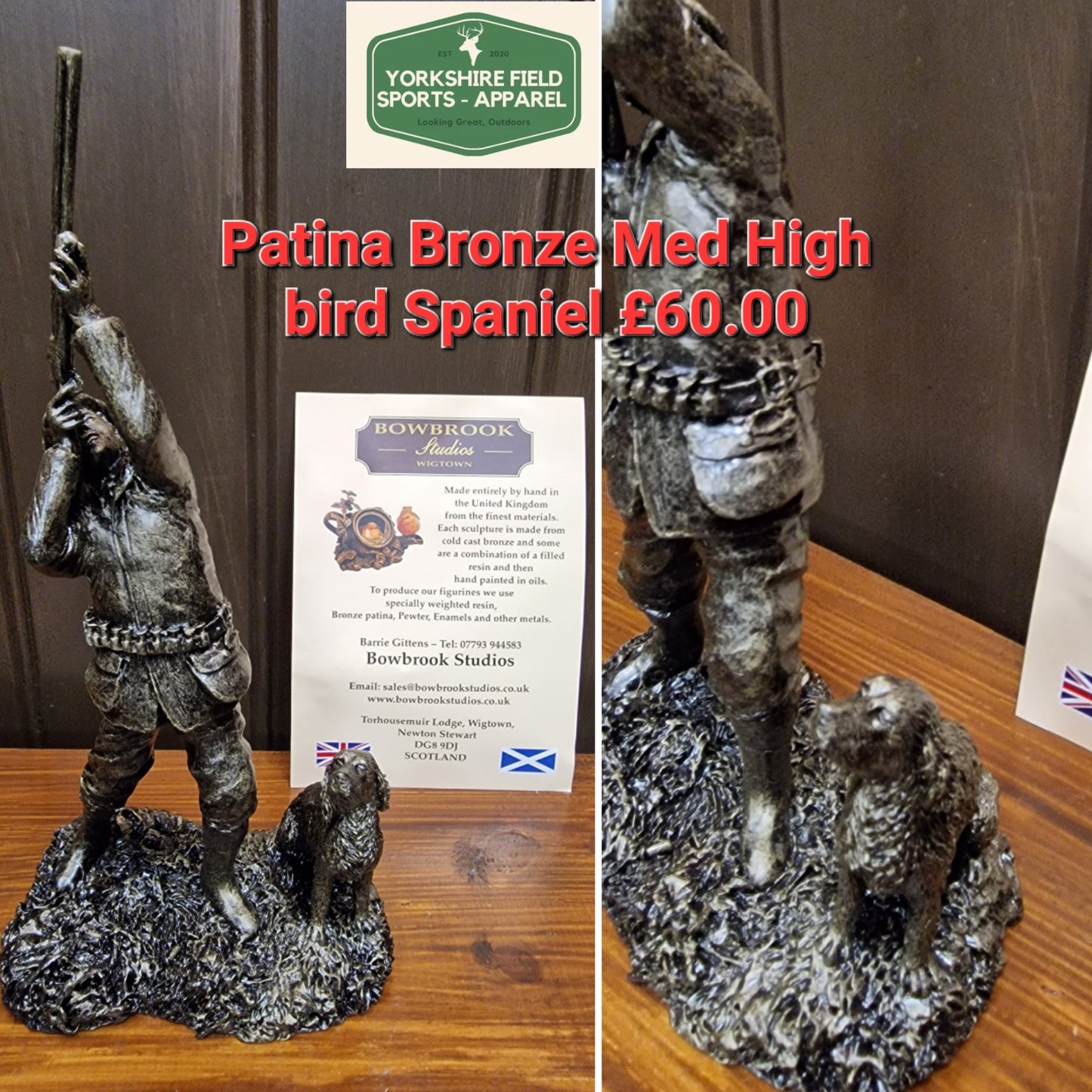 Patina Bronze Handmade Sculpture High bird with Spaniel / Labbie