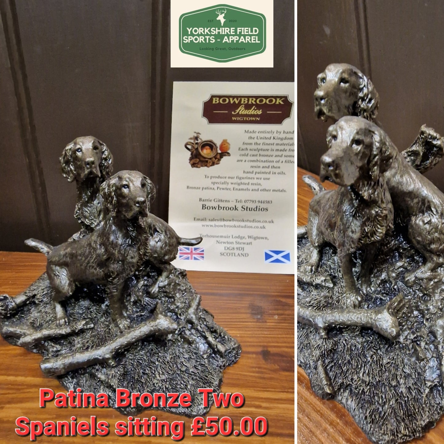 Patina Bronze Handmade Sculpture 2x Spaniels Sitting