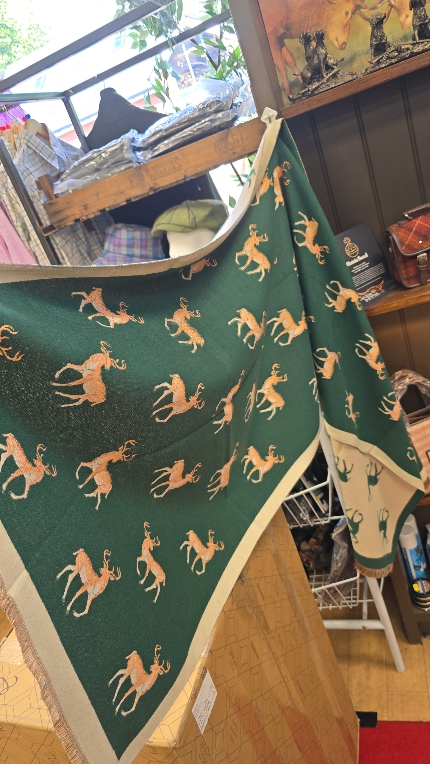 Stag embroidered reversible cashmere blend large scarf