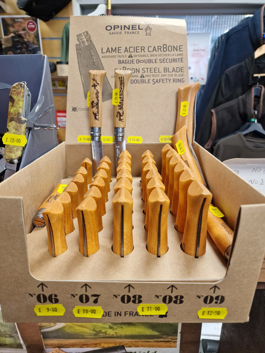 Opinel Carbon bladed knives various sizes "ID MUST BE SENT PRIOR TO DESPATCH OVER 18s ONLY"