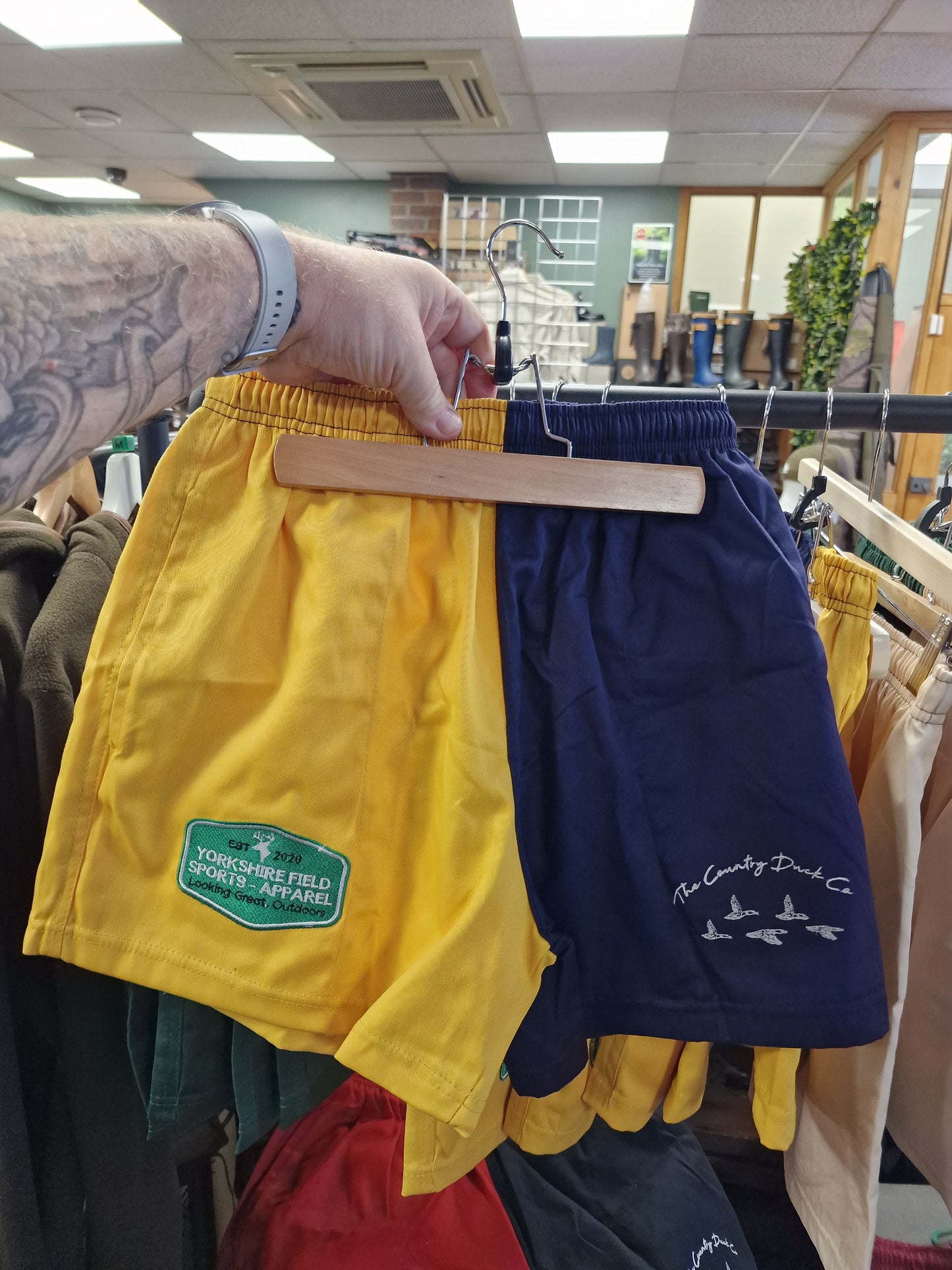 YFSA & The Country Duck Company collaboration lineout harlequin farmers unisex shorts many colours