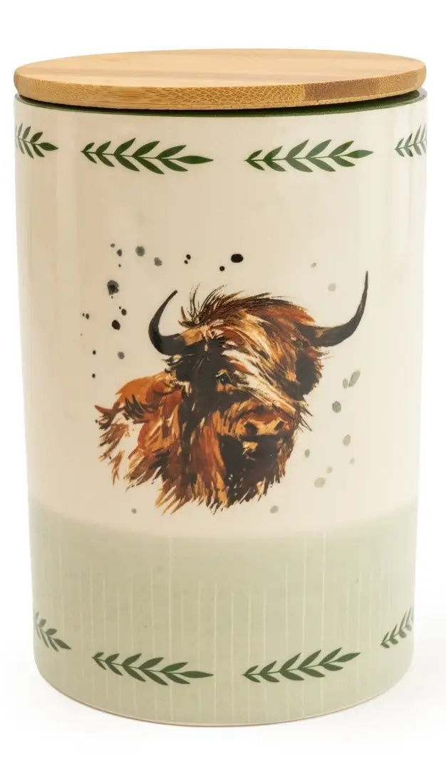 YFSA Rustic Country Collection Highland Cow ceramic Jar with wooden lid 17cm