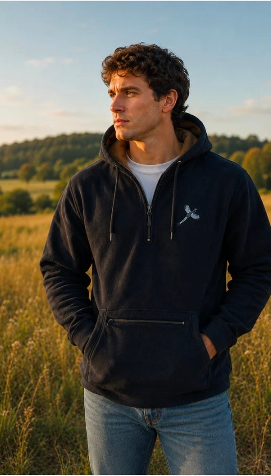 Hazy Blue Dominik Smock Fleece Hoodie with Pheasant Motif