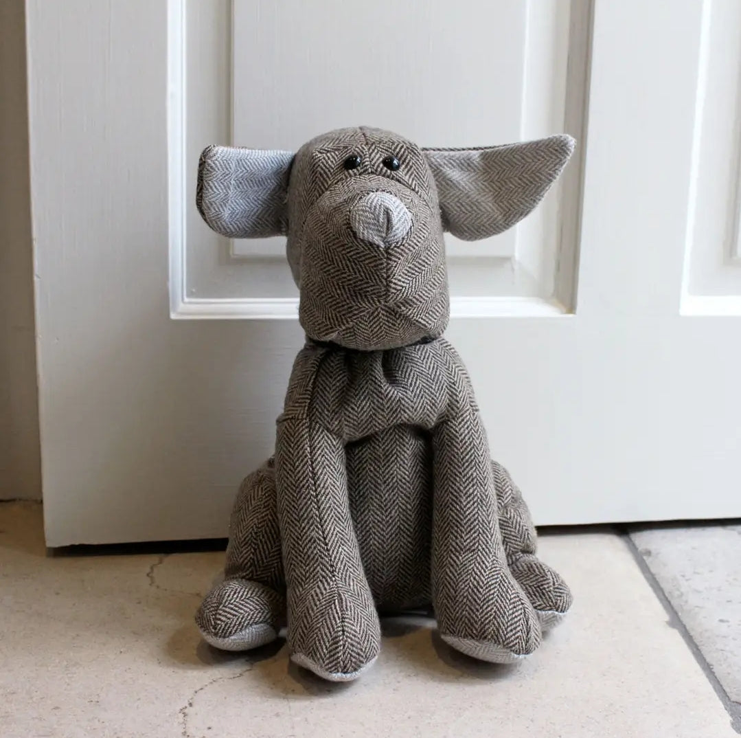 HERRINGBONE DOG NOVELTY DOOR STOP IN MOCHA